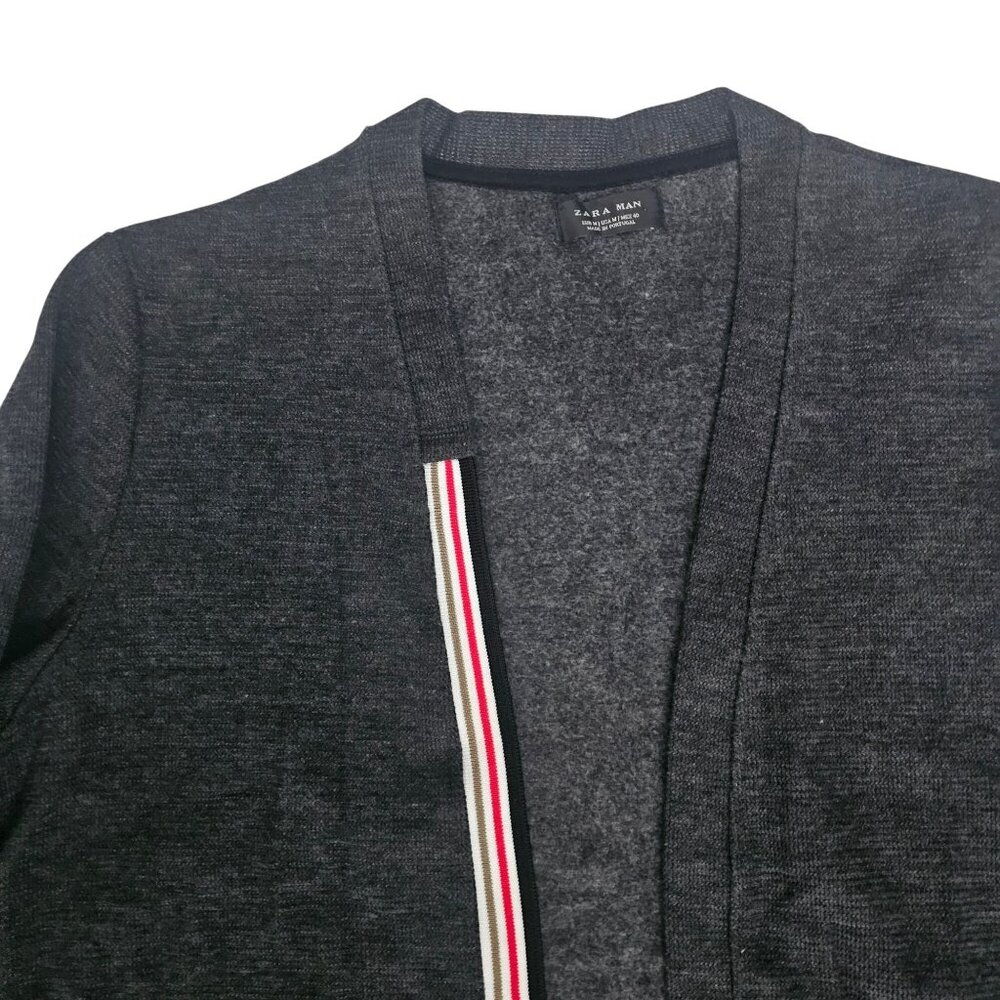 ZARA Man Dark Gray Striped Trim  Open Front Pockets Longline Cardigan Sz Medium - Picture 5 of 9